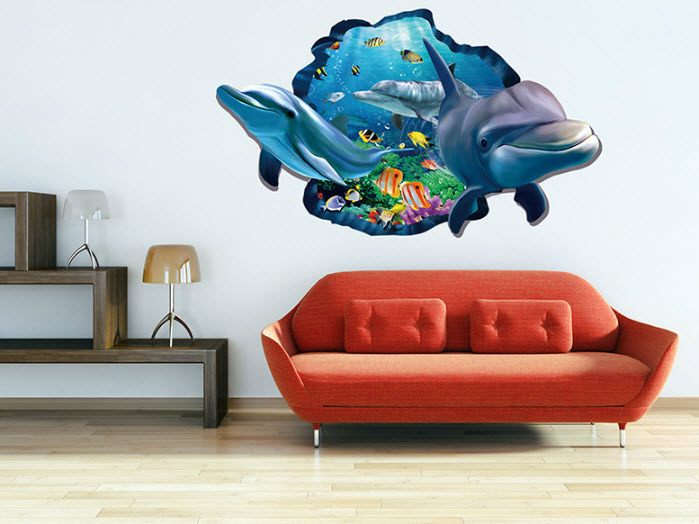 Decal dán tường cá heo tạo cảm giác 3D